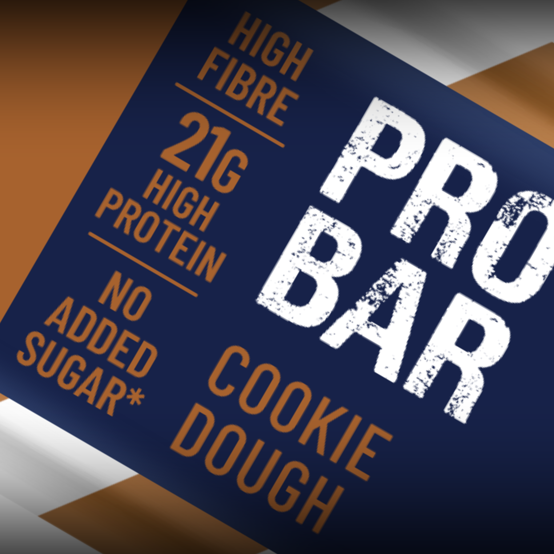 (Cookie Dough) Protein bar packaging with 'Pro Bar' branding and specifications on a multicolored background