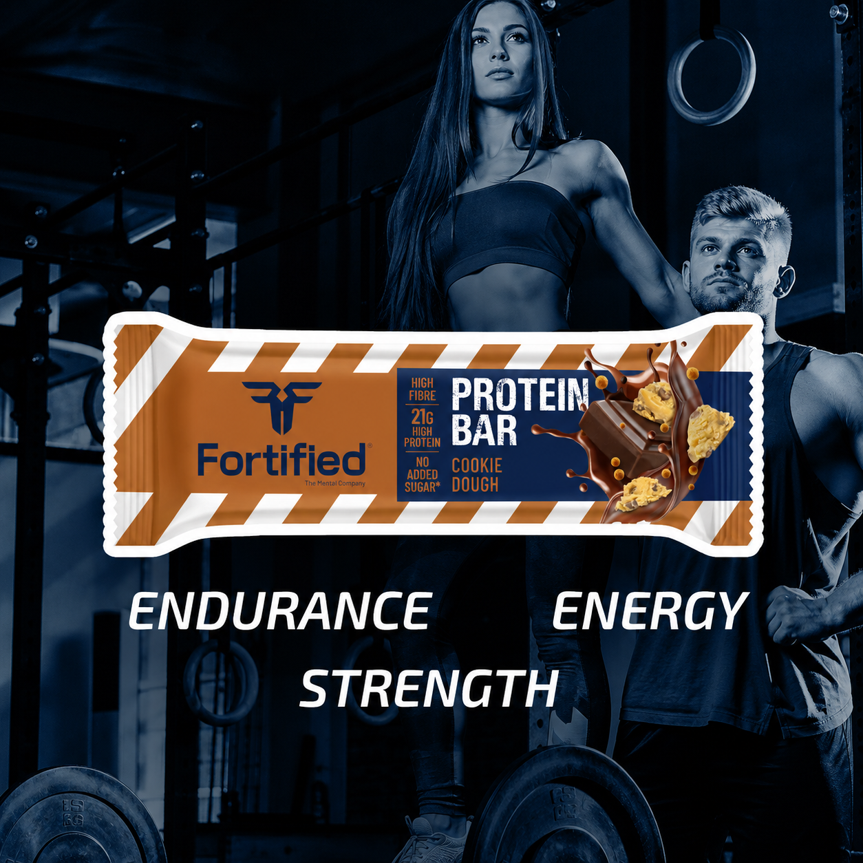 (Cookie Dough) Protein bar packaging with a woman and man in a gym setting, emphasizing 'Endurance', 'Energy', and 'Strength'.