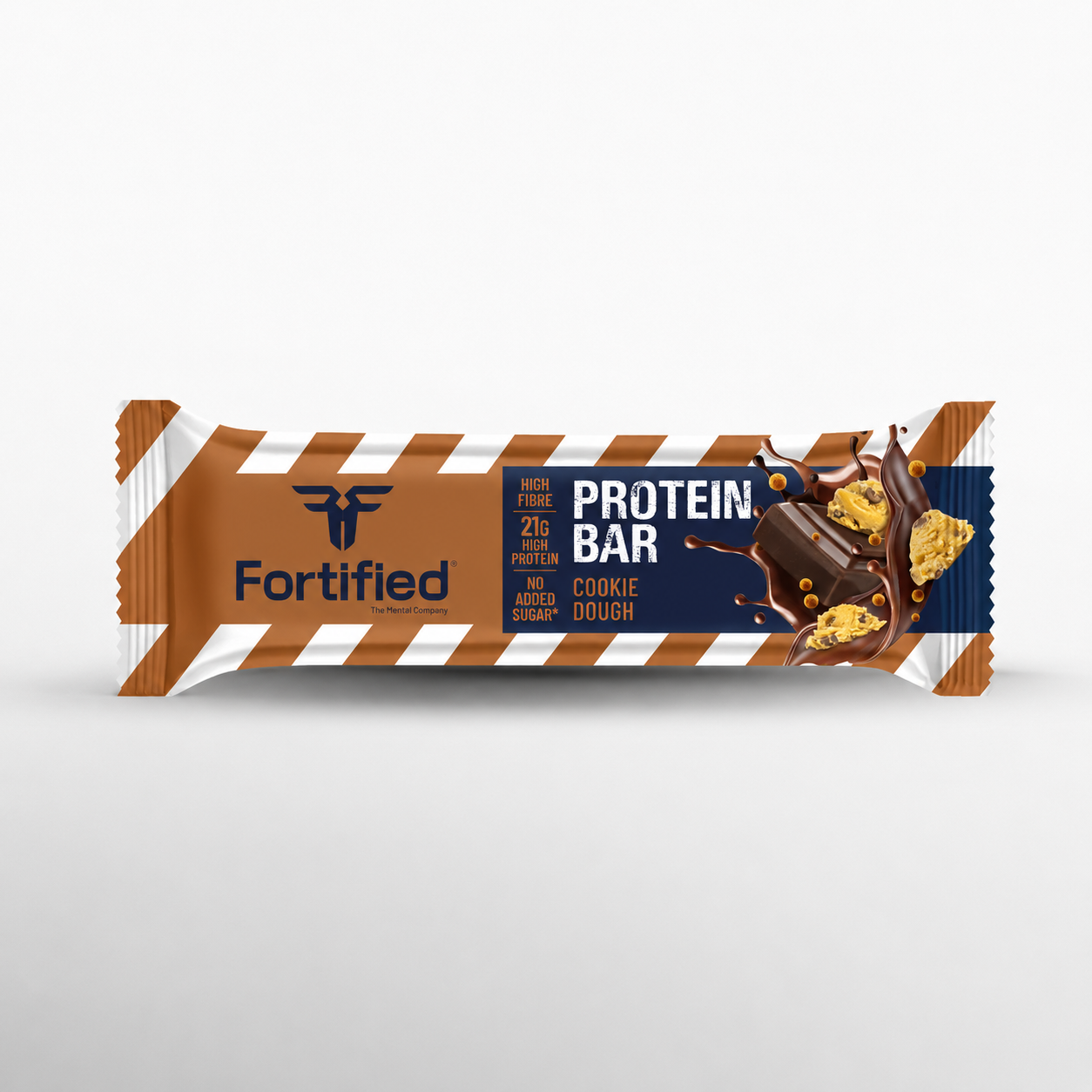 (Cookie Dough) Protein bar packaging with 'Fortified' branding on a white background