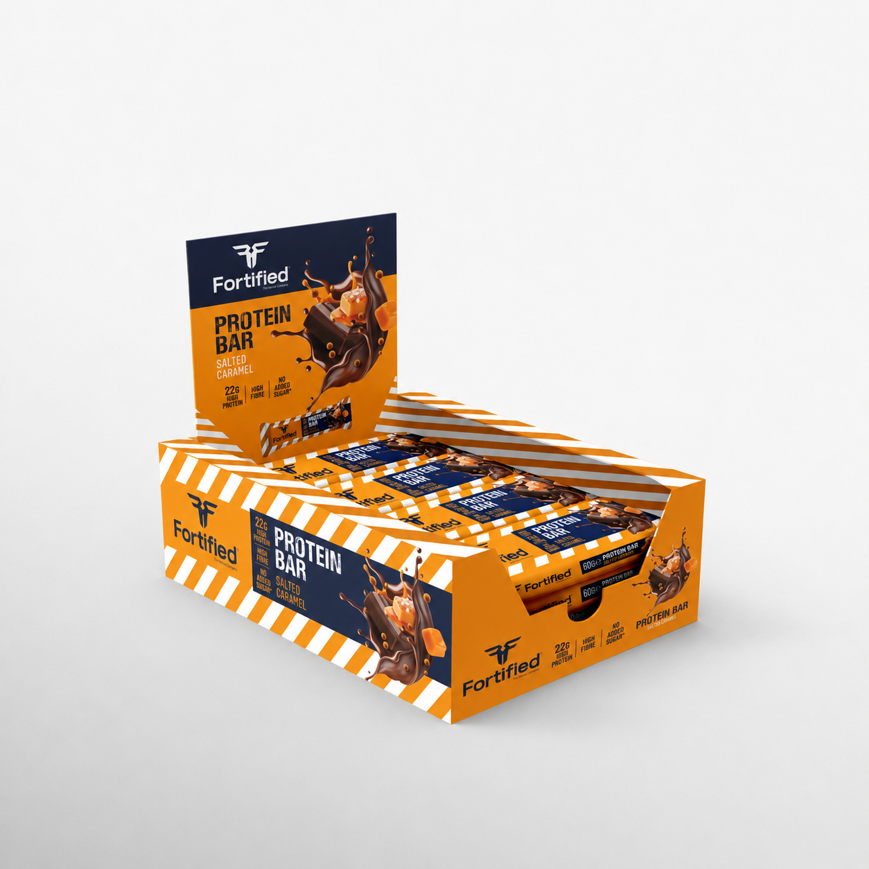 (Salted Caramel) Box of Fortified protein bars on a white background