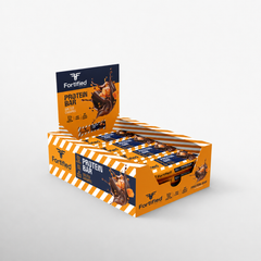 (Salted Caramel) Box of Fortified protein bars on a white background