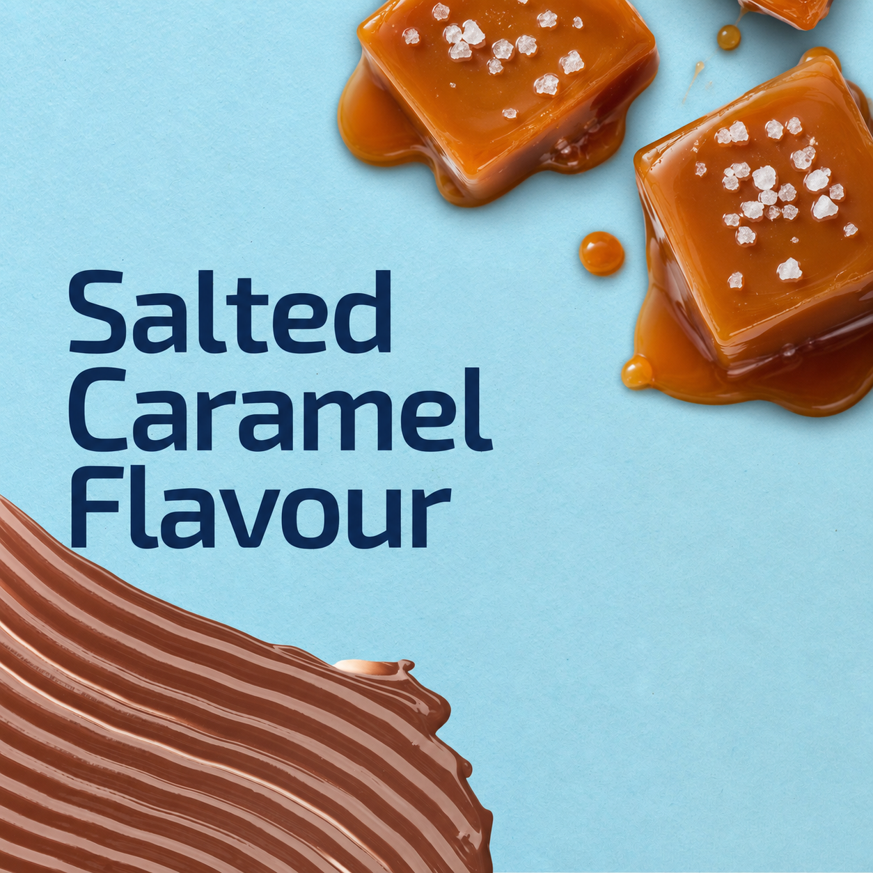 (Salted Caramel) Salted caramel treats with chocolate on a light blue background