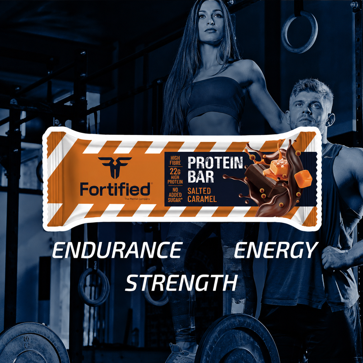 (Salted Caramel) Protein bar packaging with two people in a gym setting
