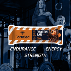 (Salted Caramel) Protein bar packaging with two people in a gym setting
