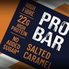 (Salted Caramel) Protein bar packaging with text highlighting nutritional information and flavor.