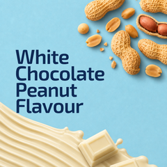 (White Chocolate Peanut) White chocolate and peanuts on a blue background with text 'White Chocolate Peanut Flavour'.