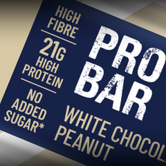(White Chocolate Peanut) Protein bar packaging with text highlighting nutritional information and flavor.