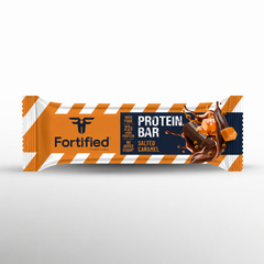 (Salted Caramel) Fortified protein bar packaging with salted caramel flavor on a white background