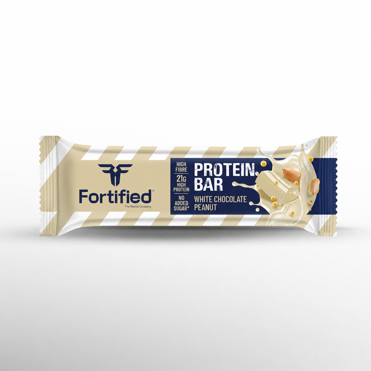 (White Chocolate Peanut) Fortified protein bar packaging with white chocolate peanut flavor on a light gray background