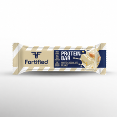 (White Chocolate Peanut) Fortified protein bar packaging with white chocolate peanut flavor on a light gray background
